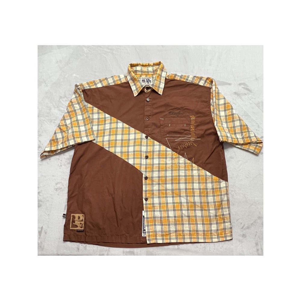 VTG Phat Farm 92 Shirt Mens XXXL Brown Yellow Plaid Colorblock Streetwear Y2K